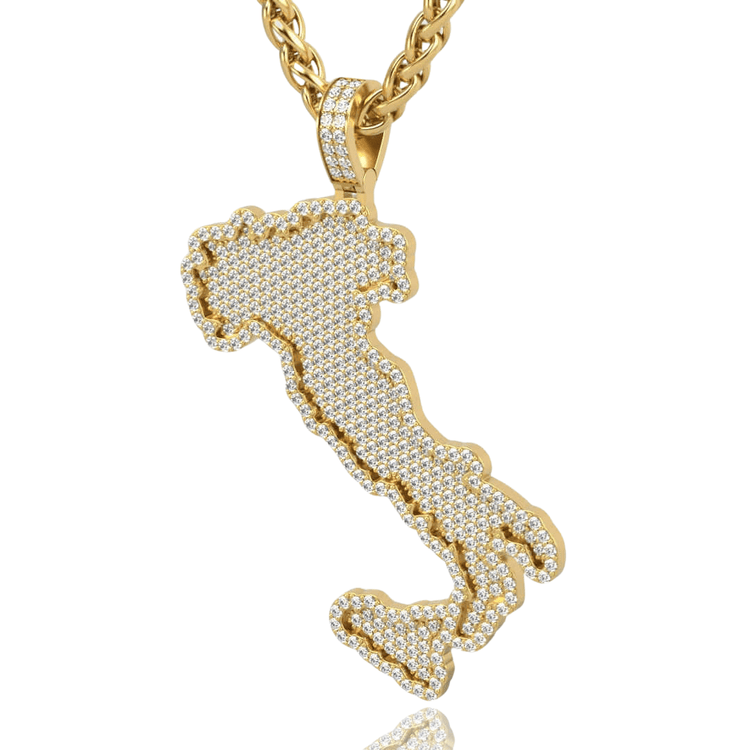 A 14k Gold chain necklace featuring an Italy Map Pendant adorned with sparkling diamonds—a stunning tribute to Italian heritage jewelry.