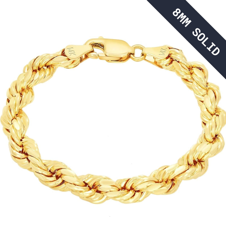 The Gold Rope Bracelet - 8mm is a thick, shiny men’s gold bracelet with a textured 8mm rope design, lobster clasp, and "14K" engraved near the clasp. Set on a white background with a black banner reading "8MM SOLID.