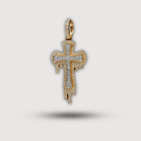 1.26 Ct Dripping Cross Diamond Pendant - 14k Yellow Gold