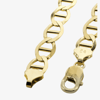 Close-up of the Gold Mariner Bracelet - 6.5 mm, crafted in 14k gold with oval mariner links and a lobster clasp, shown open on a white background to highlight its detailed shine and elegant design.