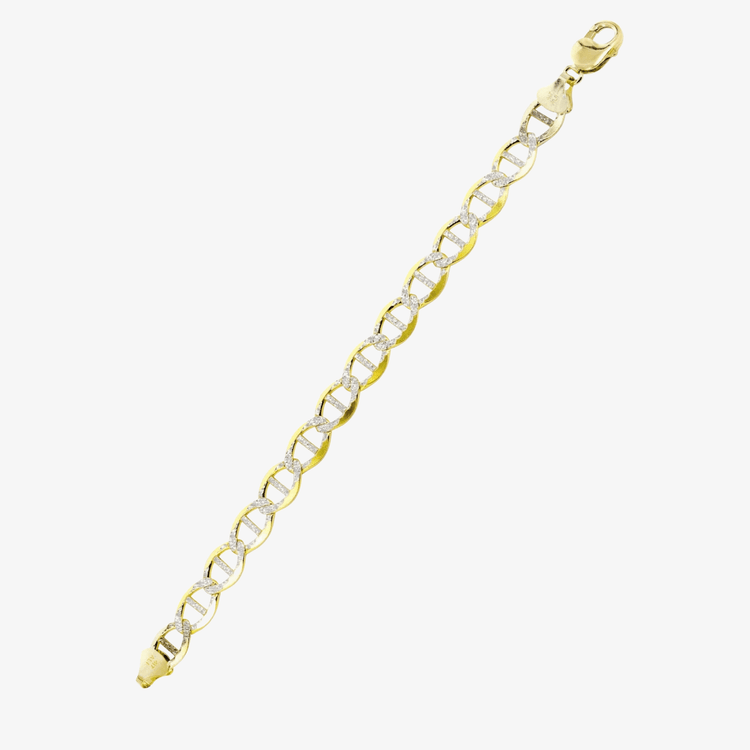 The Pave Mariner Bracelet - 7mm is a 10k gold bracelet with interlocking oval links, alternating plain and textured segments, and a lobster clasp, shown against a white background.
