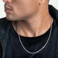 A person wearing a black shirt and a 3.5mm Solid White Gold Power-Cable Link Chain, with a black jacket partially visible. The image highlights the lower half of their face and neck.