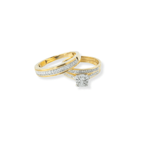 The 3/8 CTW 10k Yellow Gold Wedding Trio Set features a plain band with small diamonds and a matching diamond engagement ring with a square-cut center stone, both shown on a white background.