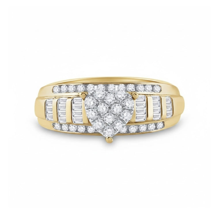 The 10k Gold Round Diamond Heart Engagement Ring features a sparkling cluster of round diamonds in a heart shape, accented by rows of baguette and round diamonds along the band.