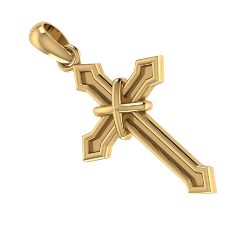 The 14k Gold Arrow-Point Cross Pendant features beveled edges, layered detailing, and a diagonal center band with a loop for chain attachment, making it a striking piece of gold faith jewelry.