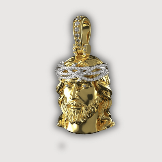 14K Yellow Gold Jesus Diamond Head Pendant showcasing detailed craftsmanship and luxury.