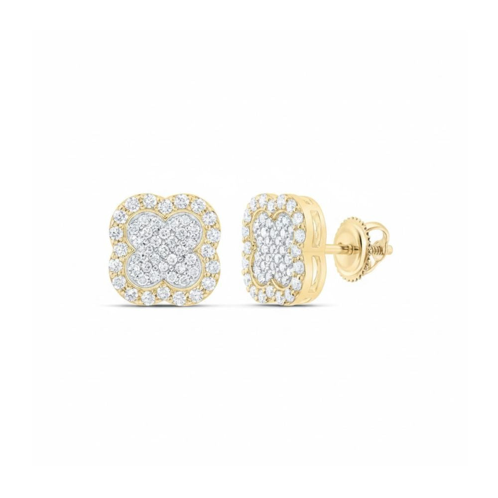 The 1/3 CTW Natural Diamond Clover Earrings are fine jewelry 10k gold studs with a clover design, set with sparkling natural diamonds, shown from front and side to highlight their detail and secure screw-back closure.