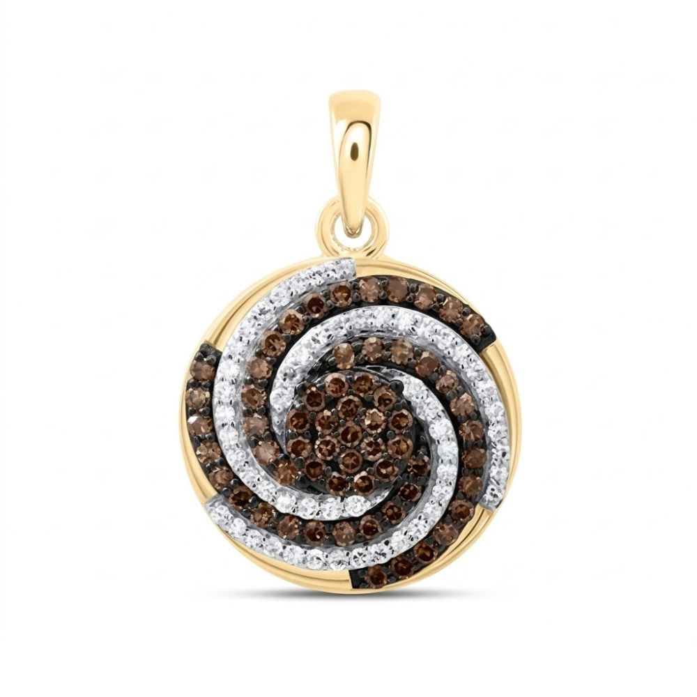 The 10k Yellow Gold Cognac Diamond Pendant 1/2 CTTW features a swirl design with alternating brown and white gems, set in round form and finished with a gold bail for easy attachment to your favorite necklace.
