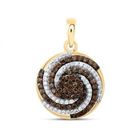 The 10k Yellow Gold Cognac Diamond Pendant 1/2 CTTW features a swirl design with alternating brown and white gems, set in round form and finished with a gold bail for easy attachment to your favorite necklace.