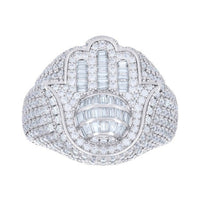 The Baguette Moissanite Hamsa Symbol Religious Ring features a stylized Hamsa hand design in sterling silver, adorned with sparkling moissanite baguettes—blending elegance with meaningful symbolism.