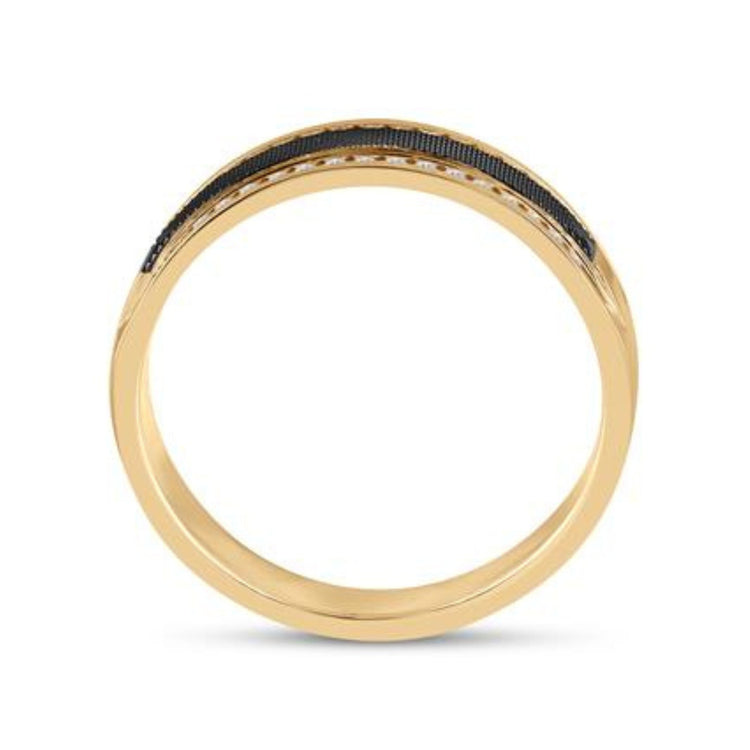 A 14k Yellow Gold Black Tone Diamond Wedding Band (1/4 Cttw) featuring a slim dark inlay along the top, viewed from the side to highlight its circular form and bold contrast between the gold band and black-tone detail.
