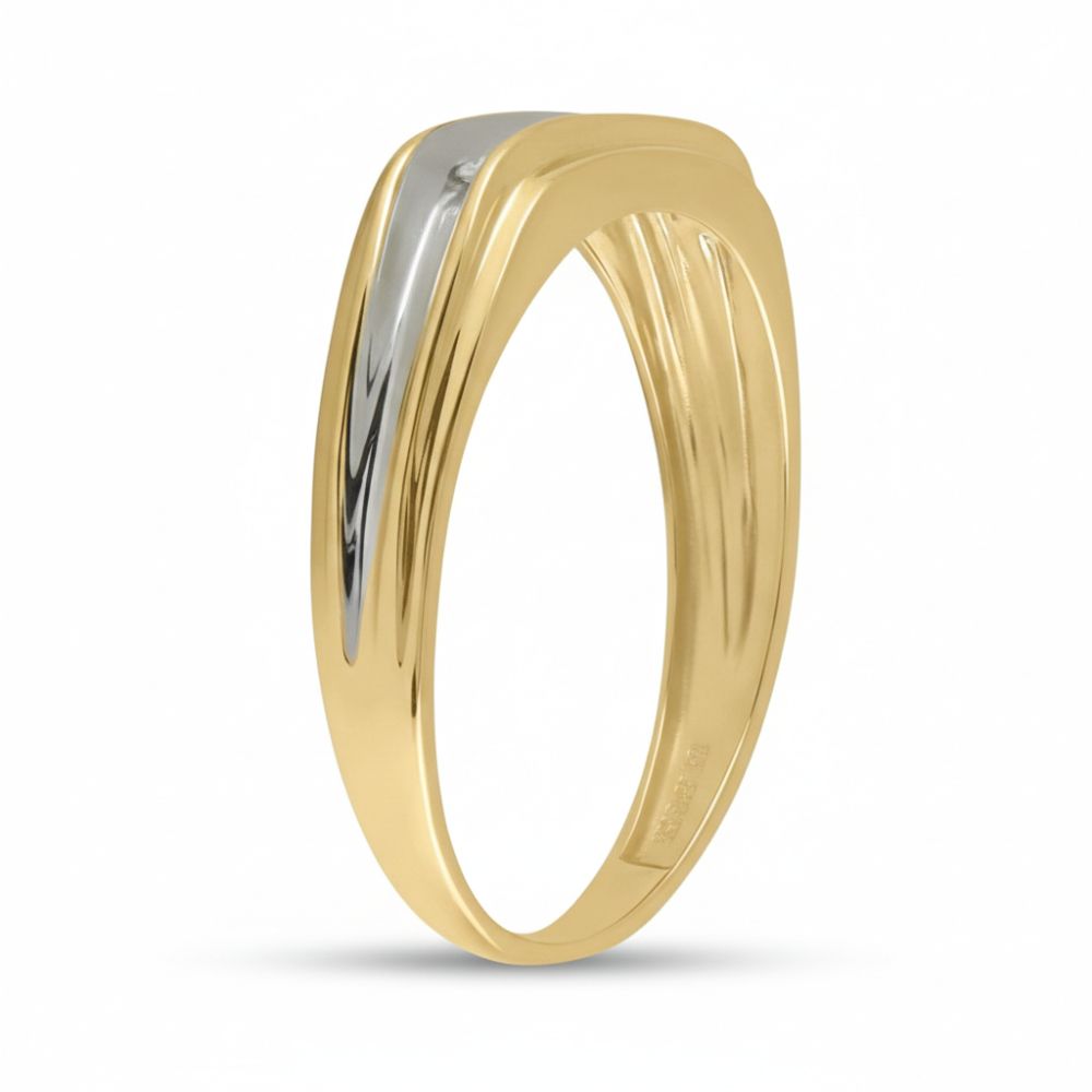 The 10k Two-Tone Gold Diamond Wedding Band – 1/8 Cttw features a modern design with a sleek silver accent atop two-tone gold, beautifully set against a plain white background.