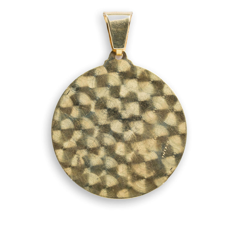 The St. Lazarus Round Ornamental Pendant is a men’s 10k solid gold piece featuring a textured, hammered finish and a smooth triangular bail for easy attachment to a chain.
