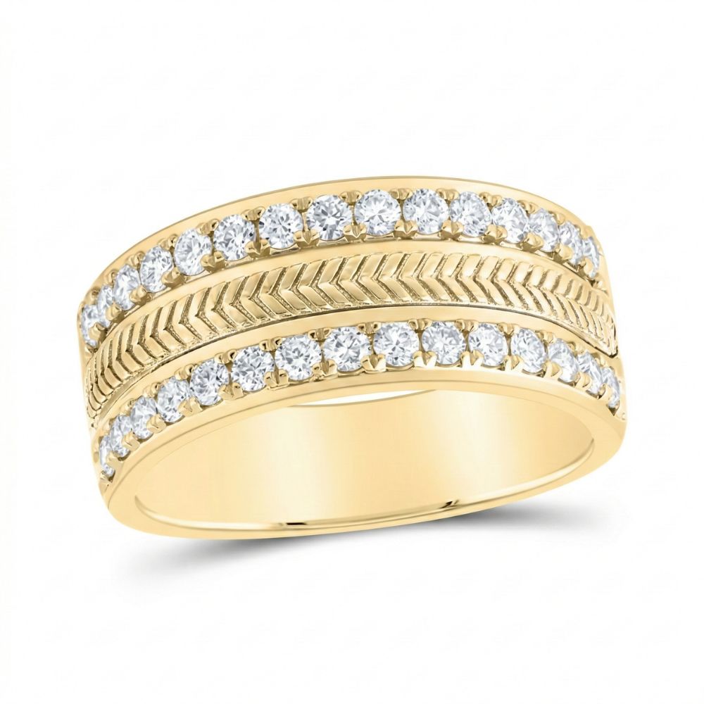 The 14k Yellow Gold Diamond Rope Wedding Band 1 Cttw features two rows of sparkling round diamonds and a textured rope pattern in the center, set against a plain gold background.