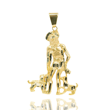 The Saint Lazarus Pendant – 14K Gold Men’s Pendant features a figure with a hat and staff, accompanied by two small dogs at his feet, set against a white background—a refined piece of men’s religious jewelry.