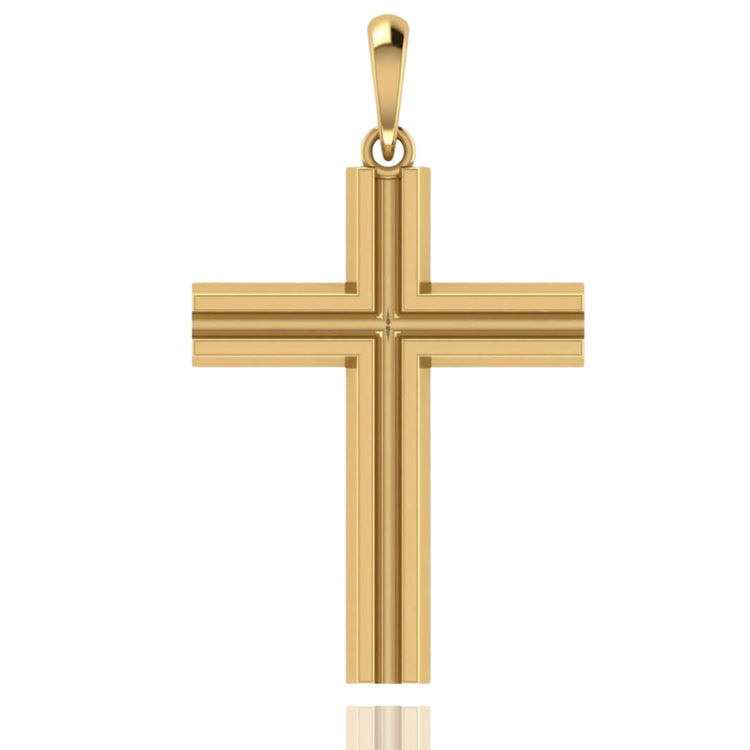 The 14k Gold Layered Cross Pendant features a polished finish, subtle layered detailing, and a top loop for attaching to a necklace.