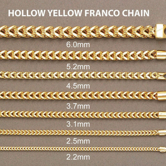 2mm - 7mm Hollow Franco Yellow Gold Chains