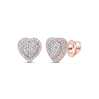 3/8CT Diamond Heart Earrings in 10K gold feature a heart shape with rose gold edges and are encrusted with sparkling diamonds. Shown against a white background.