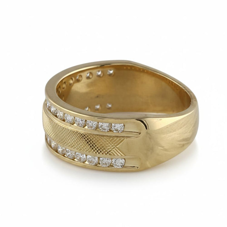 The 14k Yellow Gold Diamond Double Row Wedding Band 1 Cttw features a textured central band with two rows of round diamonds along the top edges, shown against a white background.
