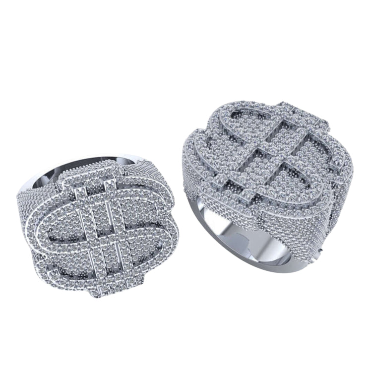 The Dollar Sign Diamond Ring – 4.32 CT Pavé Design features a bold dollar sign encrusted with sparkling diamonds, making it a perfect statement piece for those who love flashy, standout jewelry.