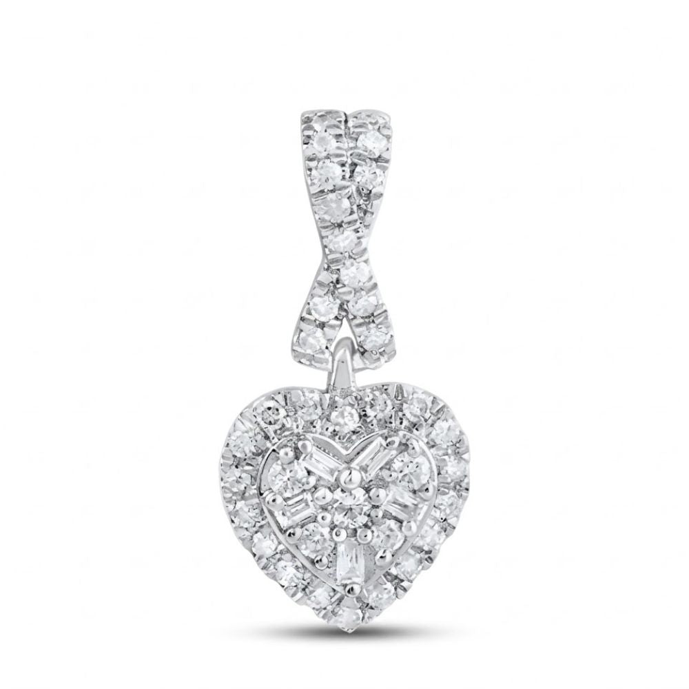 A 1/5 CTW diamond heart pendant in 10K gold, encrusted with small clear stones and featuring a looped, stone-decorated bail, displayed on a plain white background.