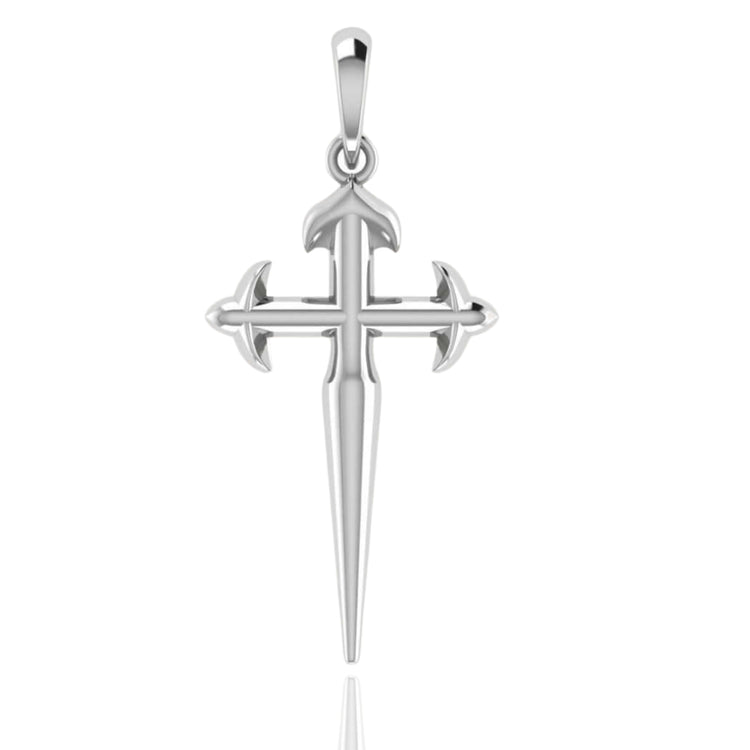 The 14k Gold Fleur-De-Lis Cross Pendant features flared arms, a pointed, elongated bottom, a smooth polished finish, and a small bail at the top for attaching to your favorite chain.