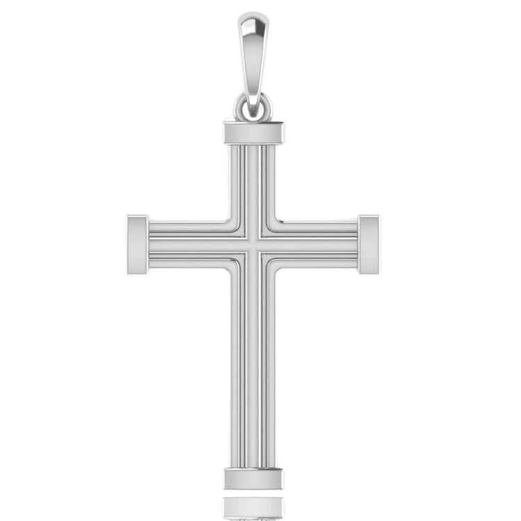 The 14k Gold Barrel Edge Cross Pendant features a polished finish, simple clean lines, rounded barrel edges, and hangs from a small top loop for attaching to a chain.