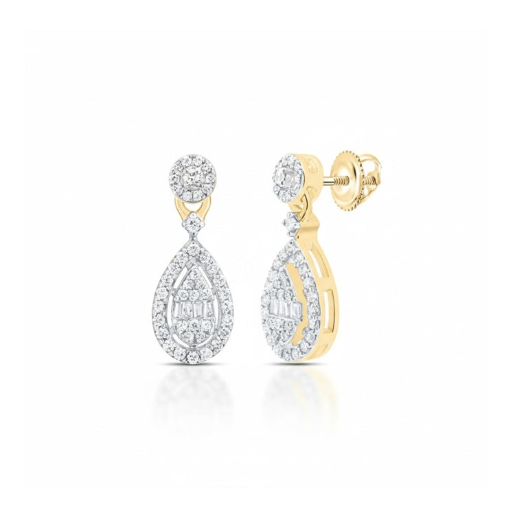 The 1/3CTW Natural Diamond Pear Dangling Earring features a round stud top and teardrop-shaped dangle adorned with natural diamonds, crafted in 10k gold and shown against a plain white background.
