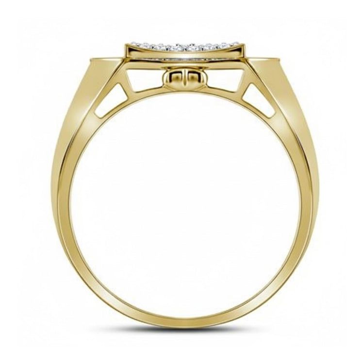 Side view of the 10k Yellow Gold Diamond Curved Octagon Ring 1/3 Cttw, showcasing a geometric openwork band and a curved octagon setting with pave-set diamonds for added sparkle.