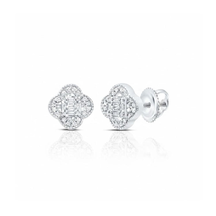 The 10k Gold Diamond Clover Baguette Earrings 1/5 CTW feature a clover design in gold with sparkling diamonds and secure screw-back closures for effortless elegance.