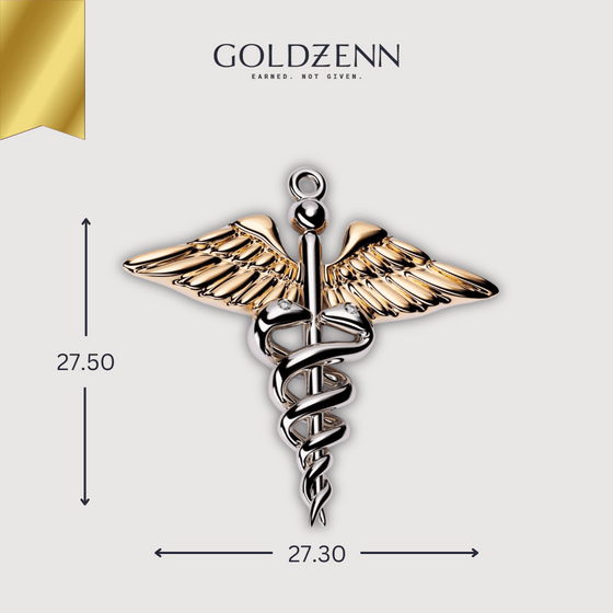 14K Gold Caduceus Pendant by Goldzenn with intertwined serpents and wings, symbolizing medicine and healing.