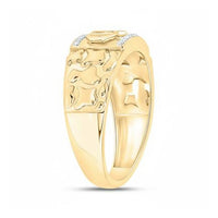 A 10k gold men's "Dad" ring features natural diamonds, polished finish, and a wide band with raised abstract shapes.