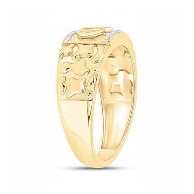 A 10k gold men's "Dad" ring features natural diamonds, polished finish, and a wide band with raised abstract shapes.