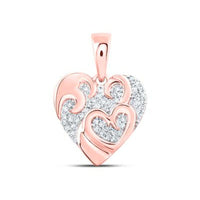 The 10k Gold Diamond Heart Pendant 1/8 Cttw features a heart shape with rose gold swirls and white stones on one side, offering an elegant and sparkling design.