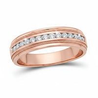 The 10k Gold Round Diamond Wedding Band 1/4 Cttw features a single row of round white diamonds set in rose gold with detailed edges, shown on a white background.