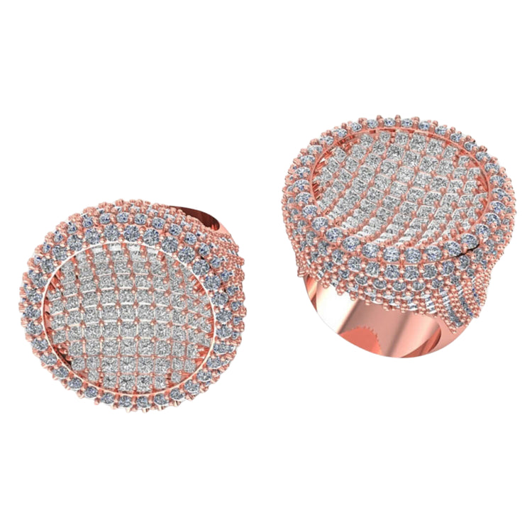 The Round Pavé Diamond Ring – 14.11 CT Gold Design features a wide circular top encrusted with multiple rows of sparkling clear stones, showcased against a white background.