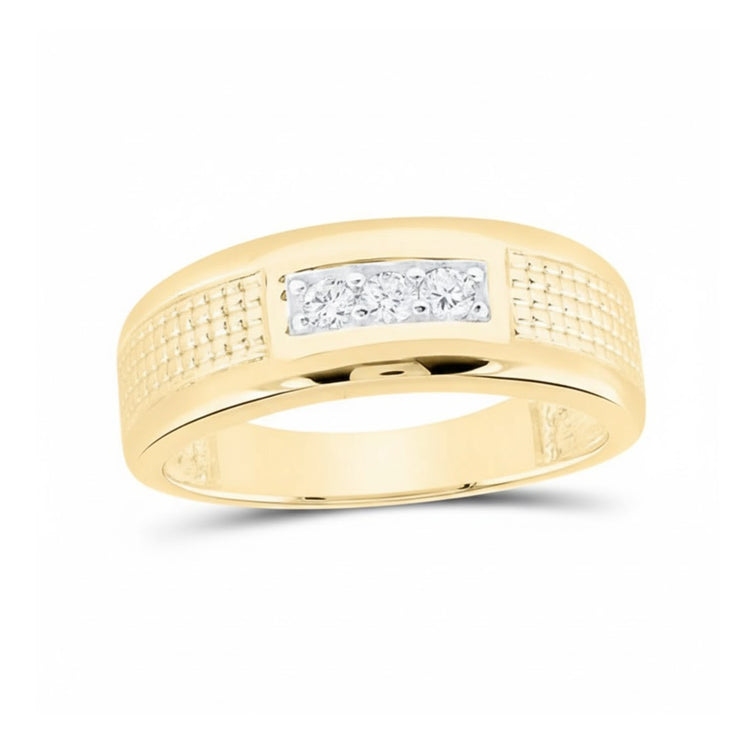 A 10K men’s diamond ring featuring a rectangular, textured band with three round natural diamonds (1/6 CTW) channel set in a row at the center.