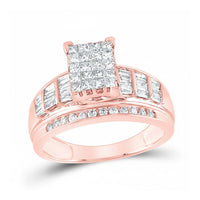 The 10k Gold Princess Diamond Bridal Engagement Ring 1 Cttw showcases a princess diamond cluster and rows of round and rectangular diamonds along the rose gold band for an elegant bridal look.