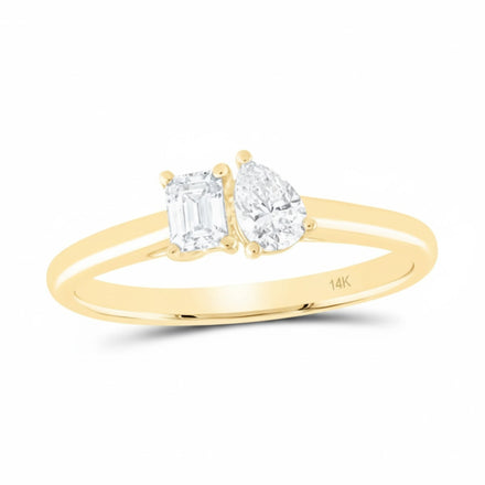The 1/2CTW 14k Yellow Gold 2-Stone Diamond Ring features natural emerald-cut and pear-shaped diamonds set side by side on a split shank band, marked with 14K inside.