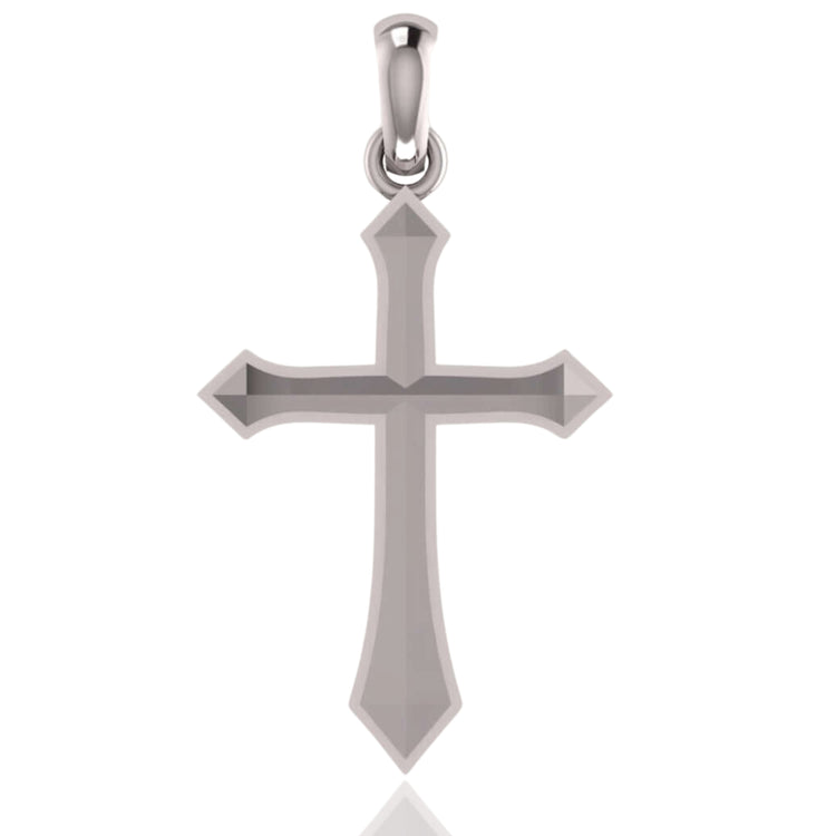 The 14k Gold Classic Cross Pendant features beveled edges and pointed arms with a polished, reflective finish, gracefully suspended from a simple loop.