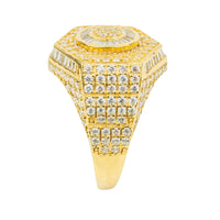 The Round Cluster Gold Ring is crafted in 10k gold and features a bold design with CZ stones set in multiple rows on the top and sides, adding a touch of luxury.