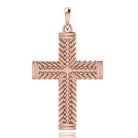The 14k Gold Braided Rope Cross Pendant features a textured, rope-like border and small round bead accents along the center of each arm, displayed against a white background.