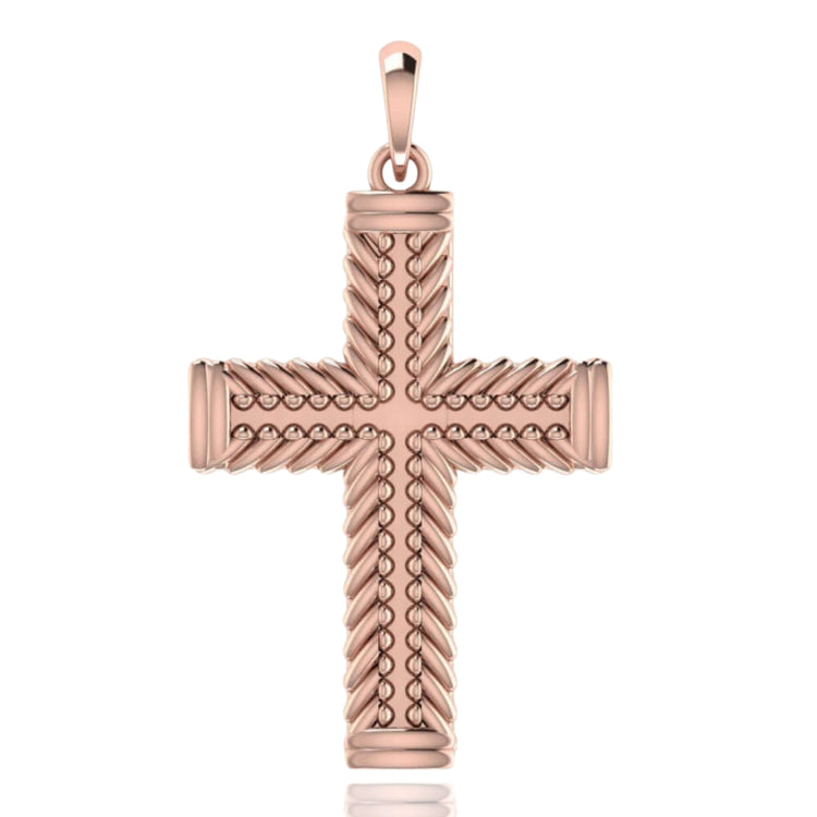 The 14k Gold Braided Rope Cross Pendant features a textured, rope-like border and small round bead accents along the center of each arm, displayed against a white background.