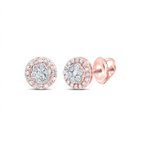 The 1/2CT Diamond Flower Earrings in 10K gold feature a central cluster of natural diamonds, a halo of smaller diamonds, and secure screw-back closures.