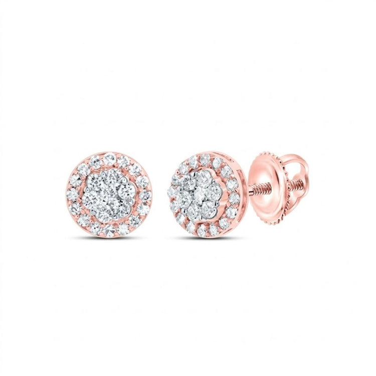 The 1/2CT Diamond Flower Earrings in 10K gold feature a central cluster of natural diamonds, a halo of smaller diamonds, and secure screw-back closures.