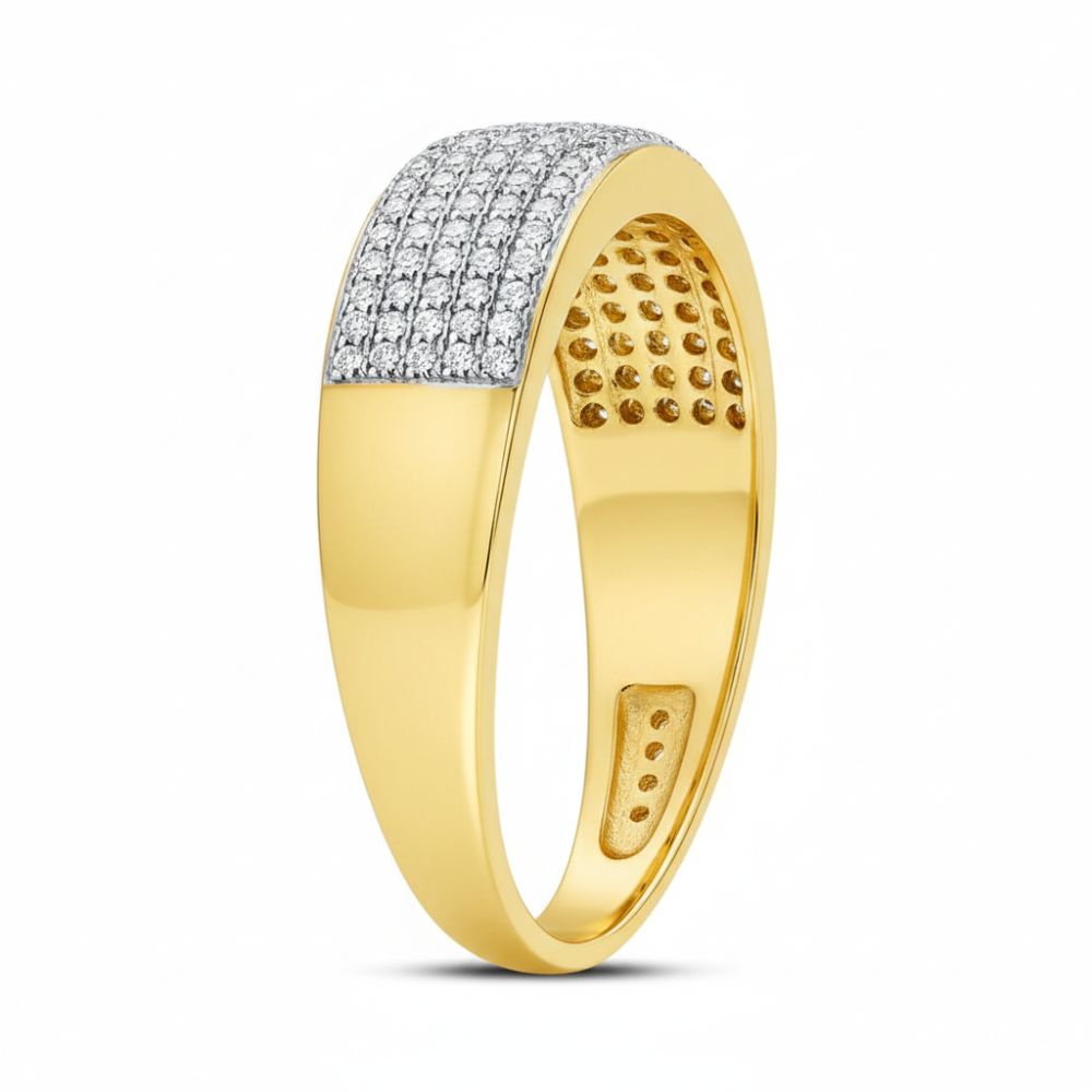 The 10k Gold Round Diamond Wedding Band Ring 3/8 Cttw features a rectangular diamond-set top with three rows of small round diamonds and an inner band detailed with circular indentations, all shown on a plain white background.