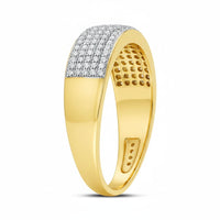 The 10k Gold Round Diamond Wedding Band Ring 3/8 Cttw features a rectangular diamond-set top with three rows of small round diamonds and an inner band detailed with circular indentations, all shown on a plain white background.