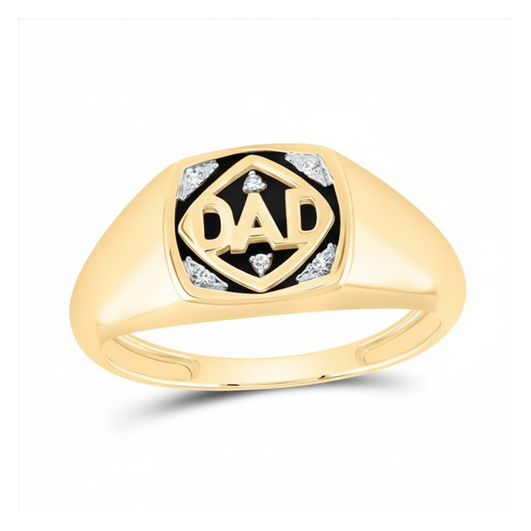 The 10k Gold Diamond DAD Band Ring (.02 cttw) features a sparkling diamond and bold "DAD" design—an ideal gift for Father's Day or any occasion celebrating dad.