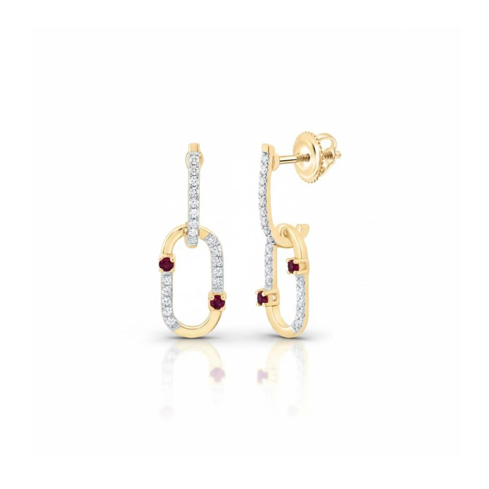 Minimalist 1/6CTW Diamond Paper Clip Earrings in 14k gold, featuring oval loops with sparkling diamonds and red gemstones, shown against a white background.