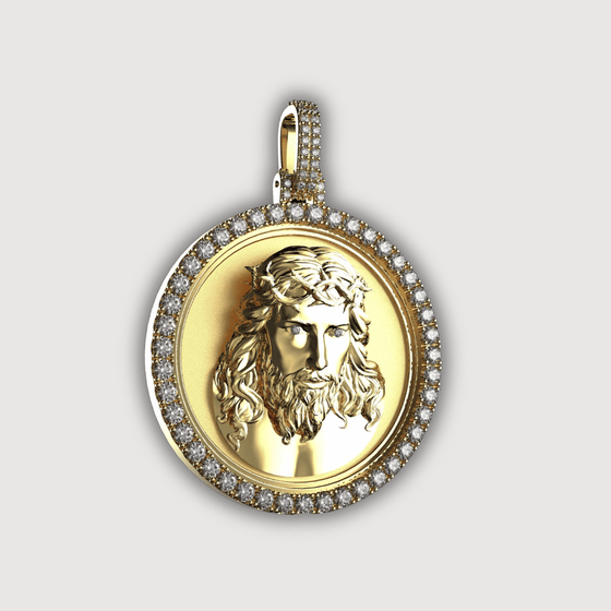 14K Gold Diamond Jesus Face Round Pendant with detailed design and elegant craftsmanship.